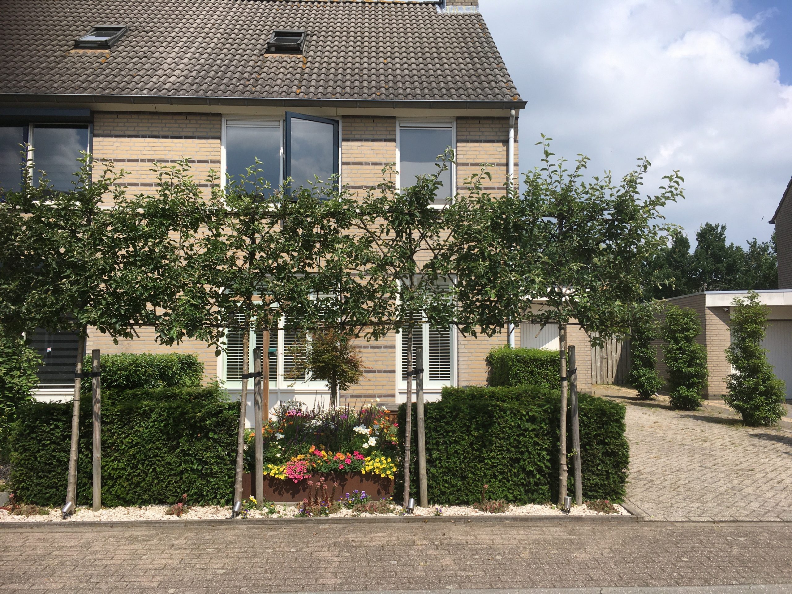 Voortuin met leibomen Voortuin met leibomen